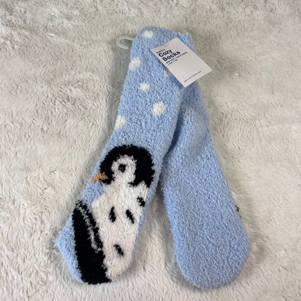 Old Navy Womens Cozy Socks Blue Penguin Polka Dot One Size Fuzzy Winter New